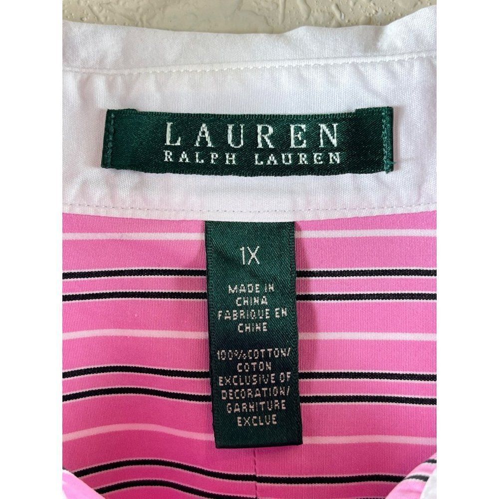 Lauren Ralph Lauren Striped Button Up Contrast Collar Blouse 1X Pink White Work - Picture 7 of 10
